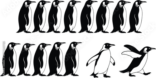 Black Penguin Silhouette Icons Set with Emperor Penguins Standing and Walking Isolated on White Background for Arctic Wildlife Nature Design Elements
