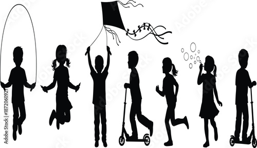 Black silhouettes of children playing outside with jump rope, flying a kite, riding scooters, running, and blowing bubbles on white background.