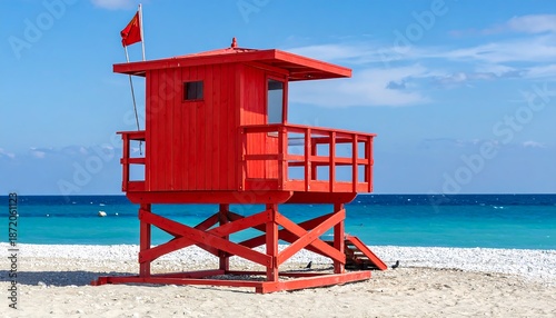Bright Red Lifeguard Tower on a Sandy Beach with Turquoise Ocean and Blue Sky