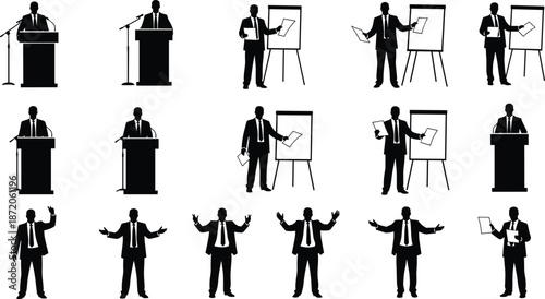 Business Presentation Silhouette Set Featuring Professional Men Speaking at Podium and Using Flip Charts for Corporate Training and Public Speaking Seminars