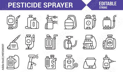 Farming pesticide sprayer vector icons set for crop protection and pest control
