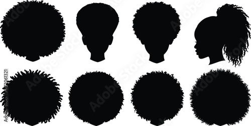 Collection of Black Woman Silhouette Head Profiles with Diverse Natural Afro Hairstyles Including Curls, Braids, and Ponytail for Creative Design Projects