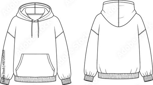 Blank Oversized Hoodie Technical Sketch Template with Front and Back View White Sweatshirt Hooded Pullover Mockup for Fashion Design Illustration Vector