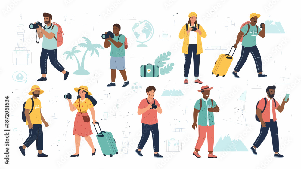 Fototapeta premium Diverse group of tourists enjoying their vacations with cameras and luggage.