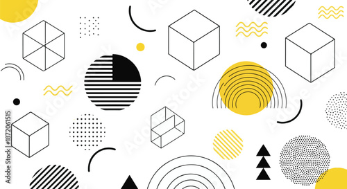 Abstract Geometric Pattern with 3D Cubes, Minimal Memphis Shapes, Yellow Black Modern Background for Branding and Posters