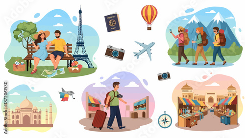 Diverse Global Travel Destinations and Tourist Activities Illustration.