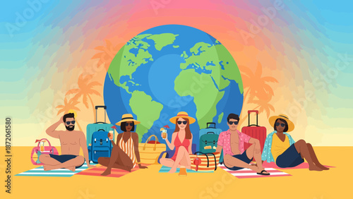 Diverse Group of Travelers Enjoying a Beach Vacation with World Globe.