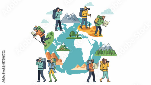 Global Hiking Adventures A World Map of Hikers and Mountains.