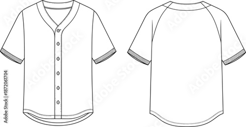 Blank Baseball Jersey Technical Sketch Template Front and Back View White Sportswear Button Down Shirt Mockup for Fashion Design Illustration