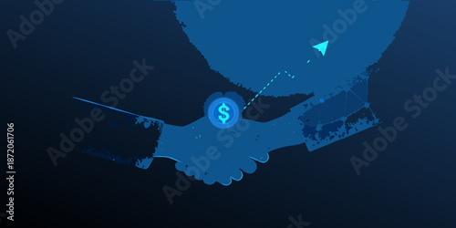 A digital handshake with a dollar sign representing financial agreement and trust