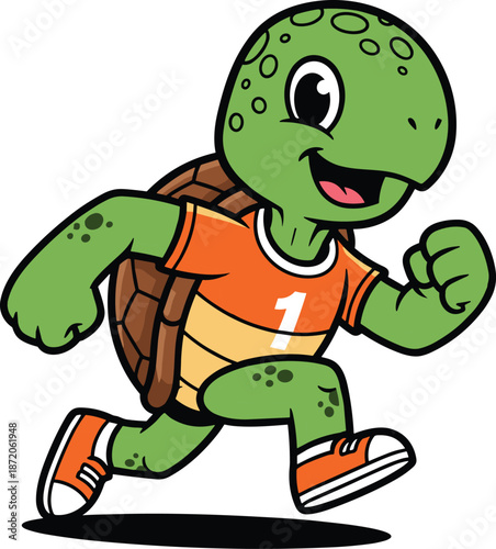 Cheerful cartoon turtle character running a marathon race wearing an orange jersey with number one isolated on a white background