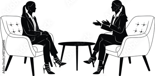 Two businesswomen silhouettes sitting in armchairs having a formal discussion or job interview over a coffee table on white background