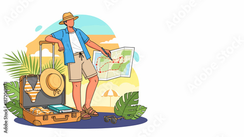 Traveler with Map and Luggage Ready for Adventure.