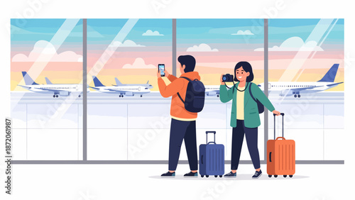 Travelers at the Airport Capturing Moments Before Departure.