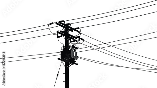 Silhouette of a complex electrical utility pole with distribution transformer power lines and cables against a clean white background for industrial design