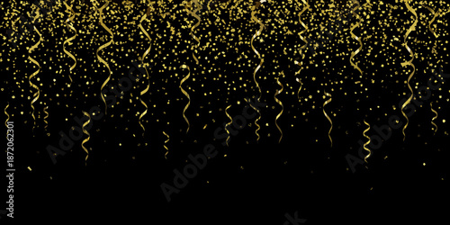 Golden confetti and shimmering ribbons cascading down on a dark background