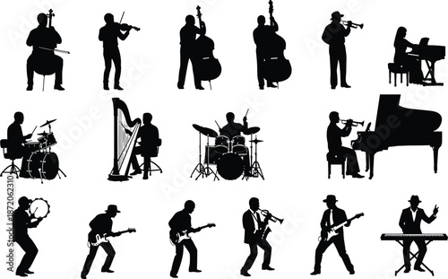 Black silhouettes set of musicians playing various instruments including piano guitar drums violin and trumpet for jazz classical and rock music