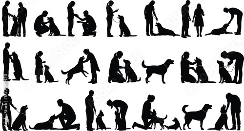 Large collection of black silhouettes featuring people training walking and playing with various dog breeds for pet care and friendship