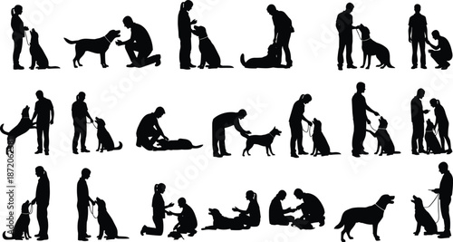 Black silhouettes set of people with dogs including training walking playing and petting for pet care domestic animal and friendship concepts