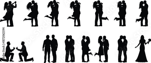 Black silhouettes collection of romantic couples in various poses including wedding proposals dancing kissing and embracing for love and marriage concepts