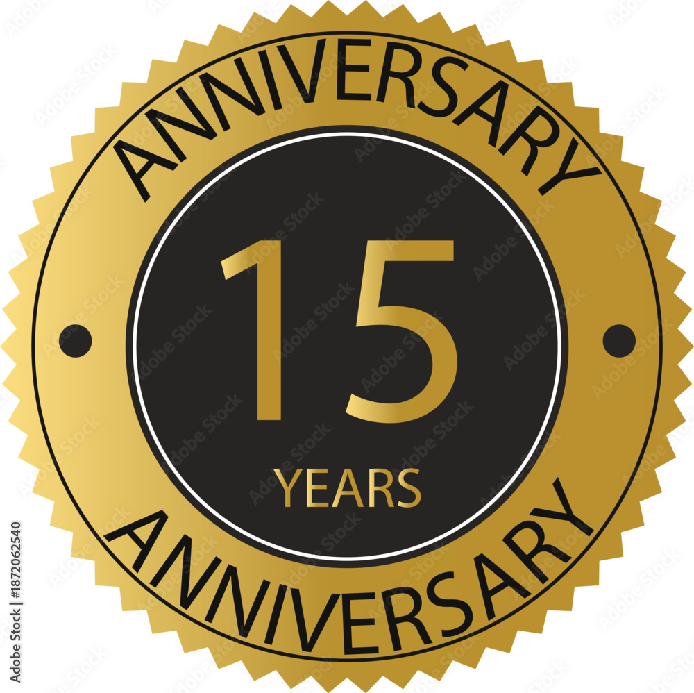 Fototapeta premium 15 Years Anniversary Gold Seal Badge with Black Center