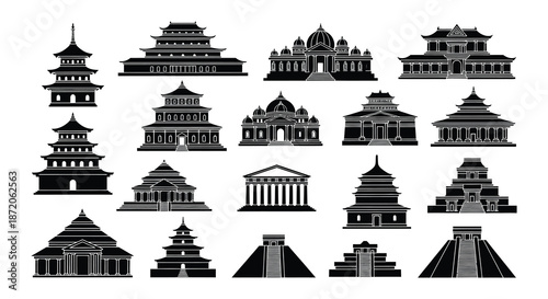 A collection of various historical temple and architectural building silhouettes