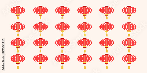 A pattern of vibrant red chinese lanterns arranged on a pale background