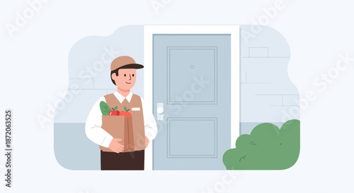 Delivery service illustration showing a courier delivering groceries to a customer's door