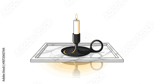 Elegant black candleholder with burning candle on marble tray capturing serenity and tranquility