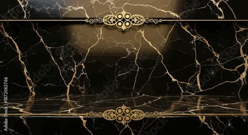Elegant black marble background with golden veins and decorative elements showcase exquisite