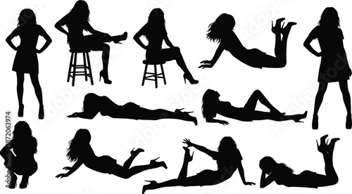 Collection of Elegant Female Fashion Model Silhouettes in Various Glamour Poses Including Sitting Standing and Lying Down for Lifestyle Design Concepts