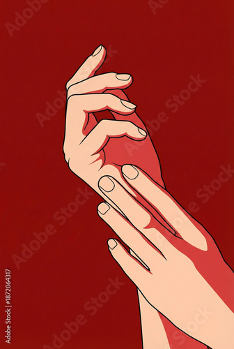 Elegant hands touching skin against a bold red backdrop. Aesthetic poster for beauty, skincare, and self-care concepts.