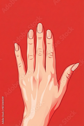 Minimalist pop art poster of a hand with long nails on a vibrant red background. Perfect for beauty and fashion graphic design.