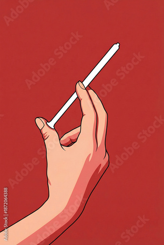 Hand holding a medical mini syringe on a red background.