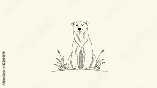 A polar bear sitting on a grassy hill with cattails looking directly at the viewer in a simple line drawing style with animal with arctic