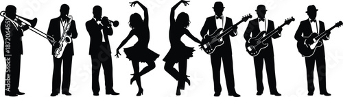 Silhouettes of Jazz Band Musicians and Dancers with Instruments Including Saxophone Trumpet Guitar and Trombone Isolated on White Background Vector