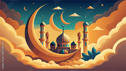 Serene night sky over mosque Vector, illustration