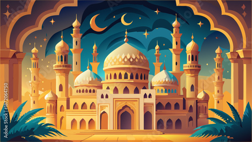 Illuminated mosque under starlit sky Vector, illustration