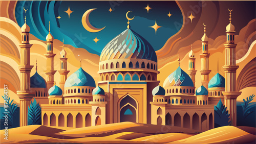 Illuminated mosque under starlit night Vector, illustration