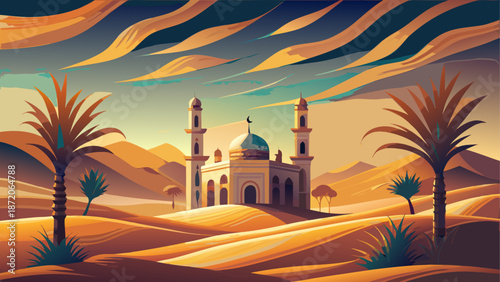 Desert oasis with mosque and palm trees Vector, illustration
