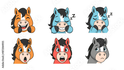 A delightful collection of cartoon horse heads showcasing a wide range of emotions, perfect for children's designs and playful media.
