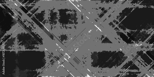Abstract grayscale pattern of intersecting lines and textured brushstrokes