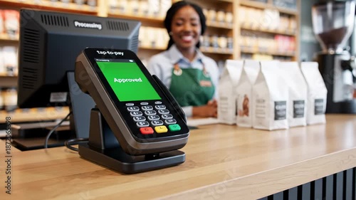 Customer Taps Credit Card for Contactless Payment at Cafe Counter, Transaction Approved