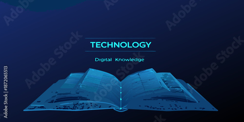 Open book with technology concept and digital knowledge illustration
