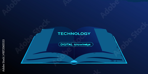 Open book with digital technology and knowledge glowing from its pages
