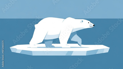 A polar bear walks on a melting iceberg in the arctic ocean with a concerned expression on its face due to climate change with global with white