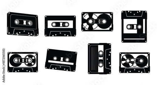 A collection of vintage audio cassettes in a black and white style