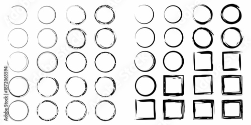 Arrangement of hand drawn circles and squares in a grid pattern on white background