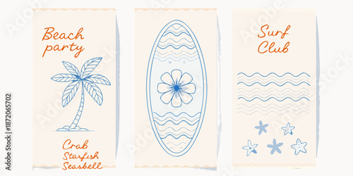 Coastal summer themed banner set with beach elements and surfboard illustrations