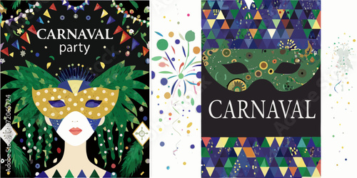 Colorful carnival posters displaying masks confetti and festive party elements